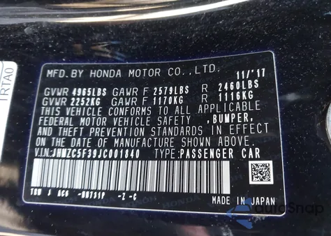 2018 Honda Clarity Plug-In Hybrid Touring z USA, uszkodzony, nr VIN JHMZC5F39JC001840